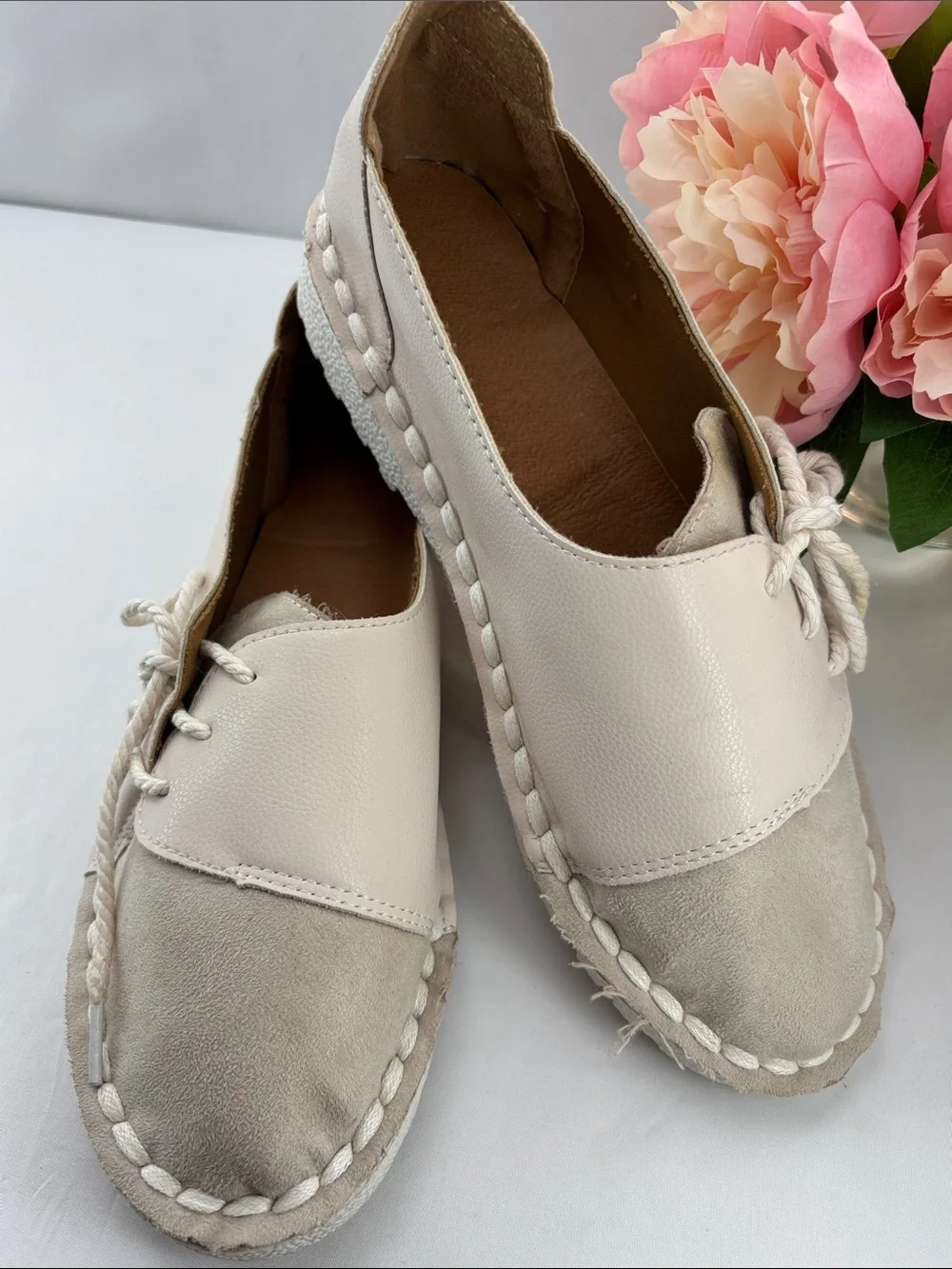Fashion Women's 9.5 Casual Lace-Up Leather/Suede Flats - White & Cream #743